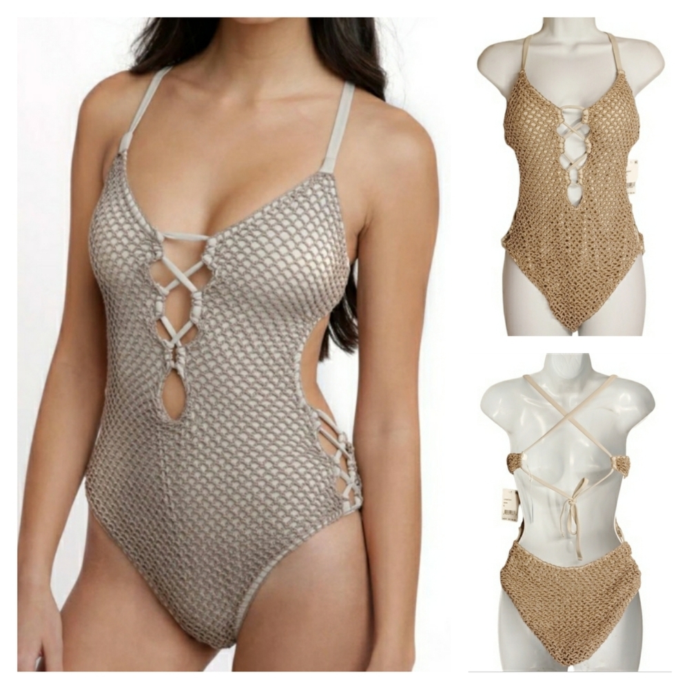 LUCKY BRAND Sand Tan Brown Crochet Criss Cross Lace Up Swimsuit Small NWT